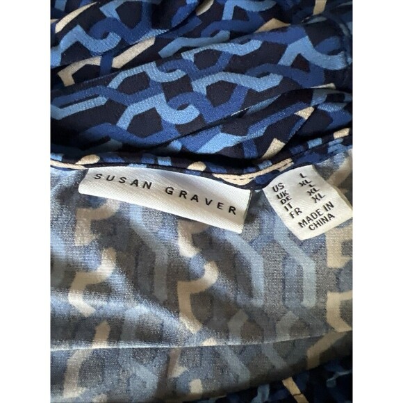 Susan Graver Printed Liquid Knit 3/4-Sleeve Tie-Front Top Blue Multi Size Large - Picture 5 of 7